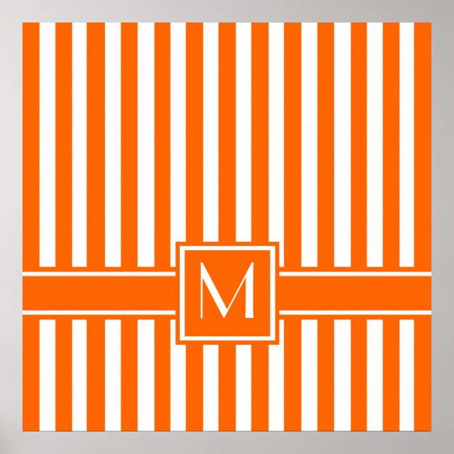 Tangerine Modern Stripe with Monogram Poster (Front)