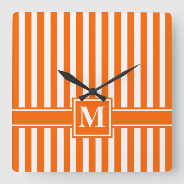 Tangerine Modern Stripe with Monogram Square Wall Clock (Front)