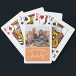 Tangerine Monogram Brush Script Family Photo Playing Cards<br><div class="desc">Monogrammed deck of playing cards you can personalise with a photo. Add your family name in an arch above your initial written in rusty red beneath family in a charming white brush script.</div>