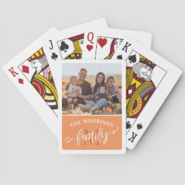 Tangerine Monogram Brush Script Family Photo Playing Cards