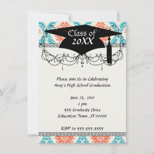 tangerine orange and aqua blue ornate damask invitation