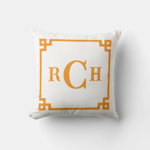 Tangerine Orange Chinoiserie Greek Key Monogram Cushion