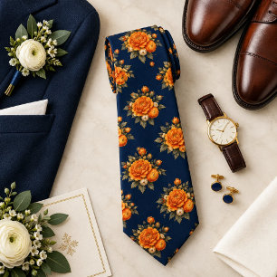 Tangerine Orange Marigold on Midnight Navy Floral Tie