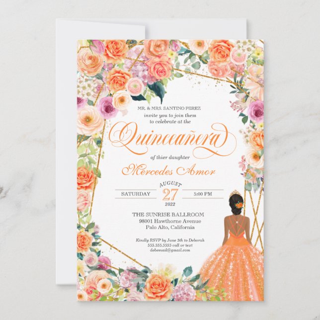 Tangerine Orange Peach Blush Roses Quinceanera Invitation (Front)