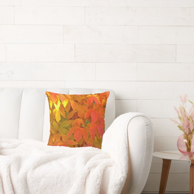 "TANGERINE ORANGE, SUNNY YELLOW&LIME GREEN LEAVES" CUSHION (Couch)