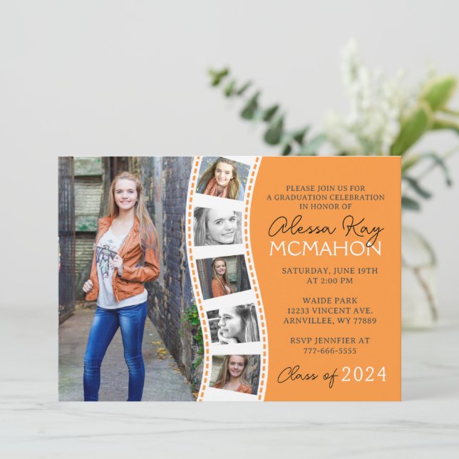 Tangerine Orange White Filmstrip Photo Graduation Invitation (Standing Front)