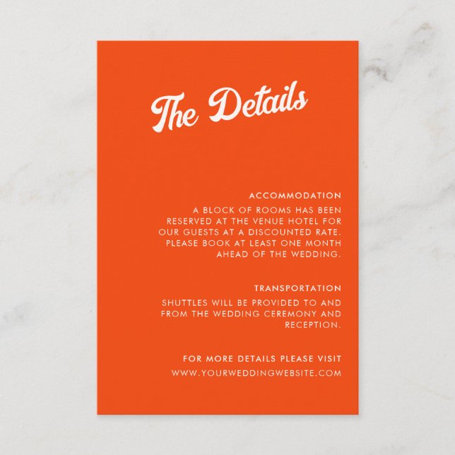 Tangerine Retro Wedding Details Enclosure Card (Front)