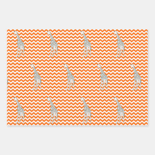 Tangerine Safari Chevron with Pop Art Giraffe Wrapping Paper Sheet