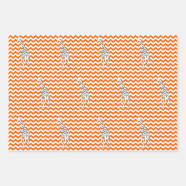 Tangerine Safari Chevron with Pop Art Giraffe Wrapping Paper Sheet (Front)