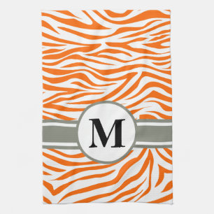Tangerine Safari Zebra with monogram Tea Towel