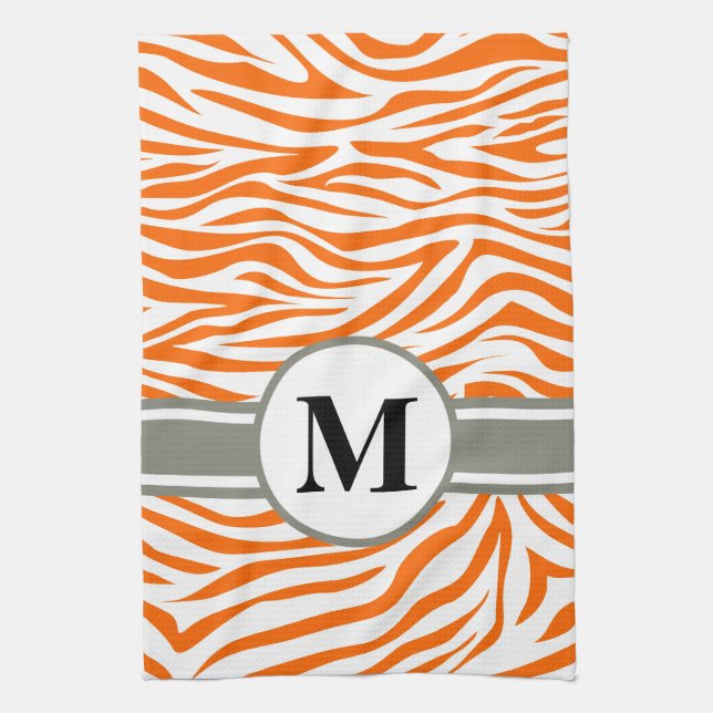 Tangerine Safari Zebra with monogram Tea Towel (Vertical)