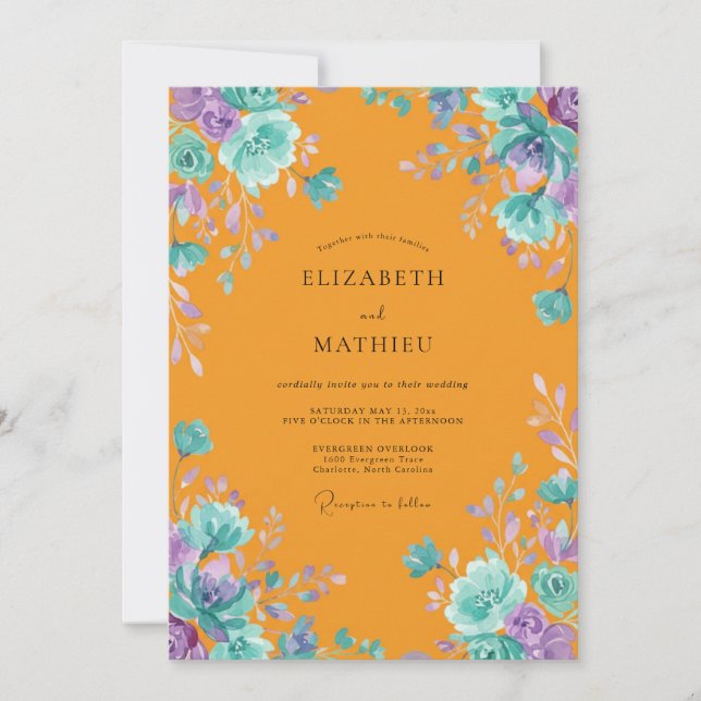 Tangerine Turquoise Painted Wedding Invitation (Front)