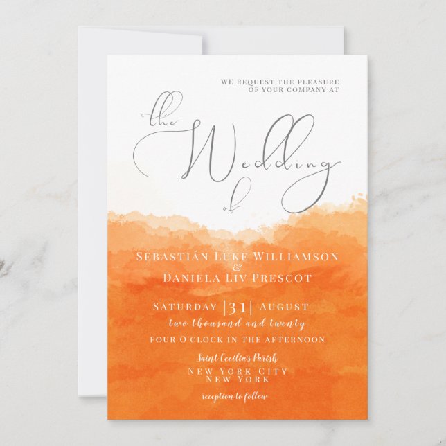 Tangerine Watercolor Wedding Invitation (Front)