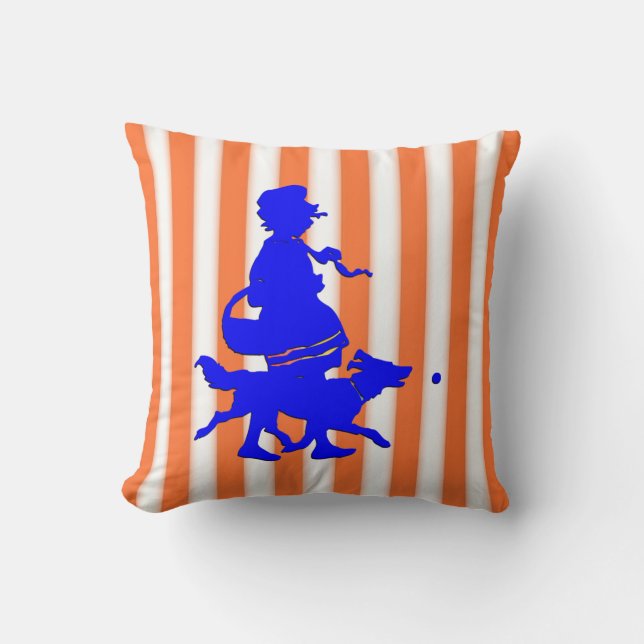 Tangerine White Stripe Child Dog Blue Silhouette Cushion (Front)