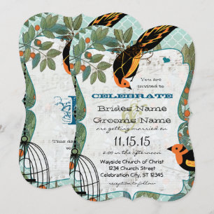 Tangerine Yellow & Black Art Deco Inspired Birds Invitation