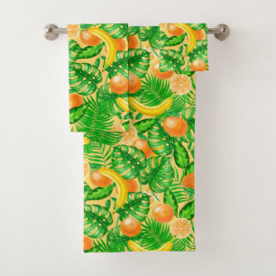 Tangerines, bananas and tropical leaves bath towel set