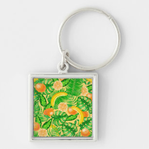 Tangerines, bananas and tropical leaves key ring