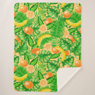 Tangerines, bananas and tropical leaves sherpa blanket