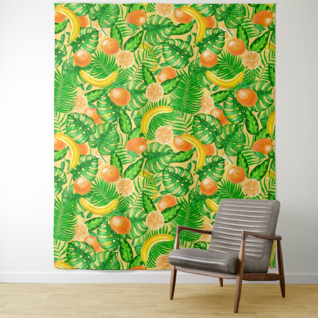 Tangerines, bananas and tropical leaves tapestry (In Situ)