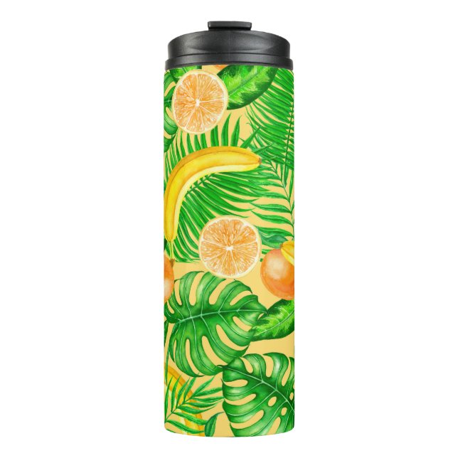 Tangerines, bananas and tropical leaves thermal tumbler (Front)