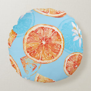 Tangerines Watercolor: Blue Luxurious Fabric Round Cushion