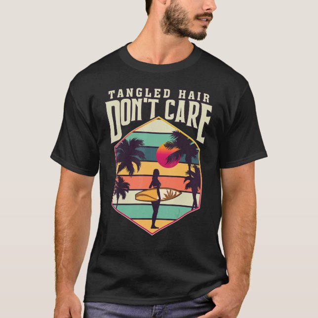 Tangled Hair Surf Board Beach Cool Fun Retro Palm  T-Shirt (Front)