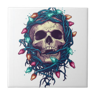 Tangled Skullmas � Funny Xmas Skeleton Ceramic Tile