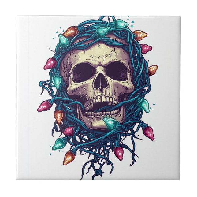 Tangled Skullmas � Funny Xmas Skeleton Ceramic Tile (Front)