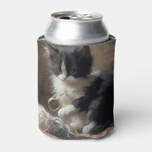 Tangled Up In Fun Black and White Kitten Can Cooler