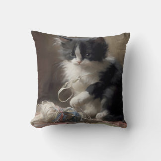 Tangled Up In Fun Black and White Kitten Cushion