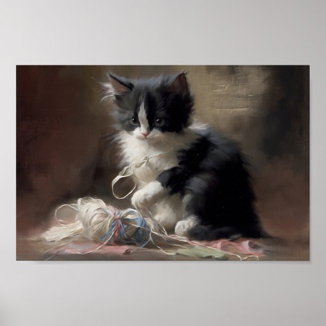 Tangled Up In Fun Black and White Kitten Poster (Front)