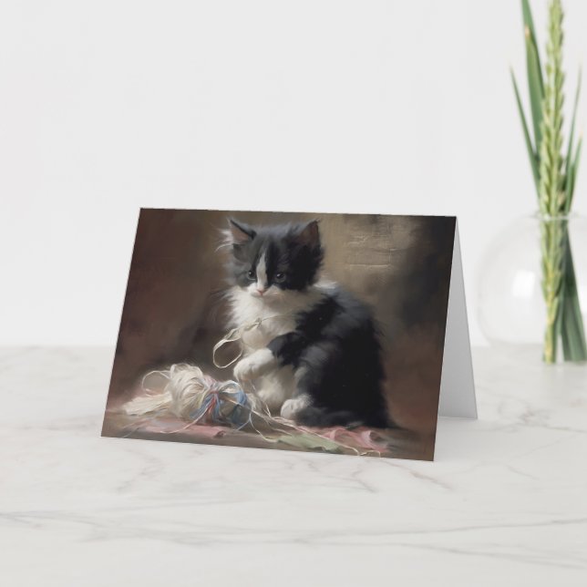 Tangled Up In Fun Black and White Kitten Thank You Card (Front)