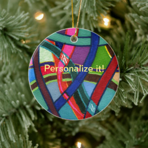"Tangled yarn" shapes in multicolored circle Ceramic Ornament