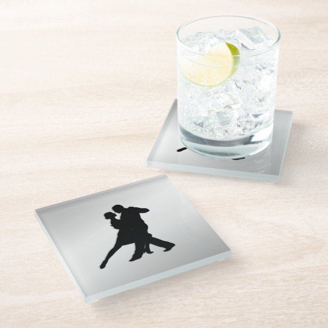 Tango Dancers Silhouette 2 Silver Glass Coaster (Angled)