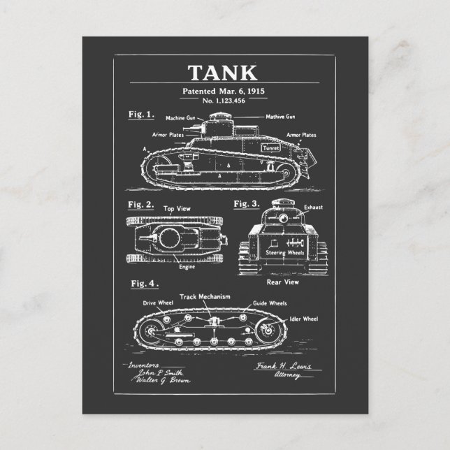 tank blueprint patent design postcard (Front)