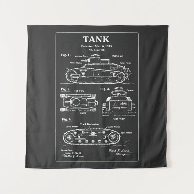 tank blueprint patent design tapestry (Front)