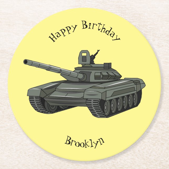 Tank cartoon illustration round paper coaster (Front)