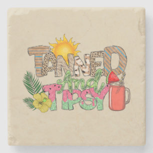 Tanned and Tipsy Fun Summer Party Design Stone Coaster