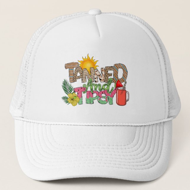 Tanned and Tipsy | Fun Summer Party Design Trucker Hat (Front)