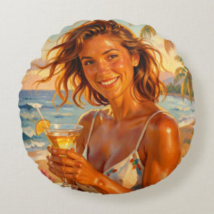 Tanned and Tipsy Party Vibe Beach Glow Art Round Cushion