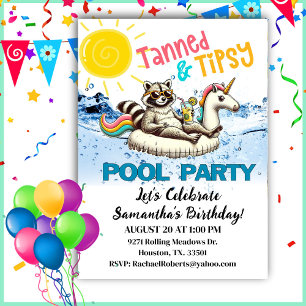 Tanned & Tipsy Raccoon Birthday Pool Party Invitation