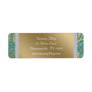 Tanning Salon Glitter Zebra Teal Gold Return Address Label