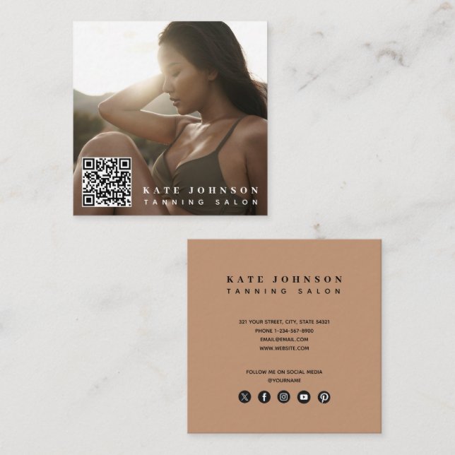 Tanning Salon Minimal Photo QR Code Social Media Square Business Card (Front/Back)