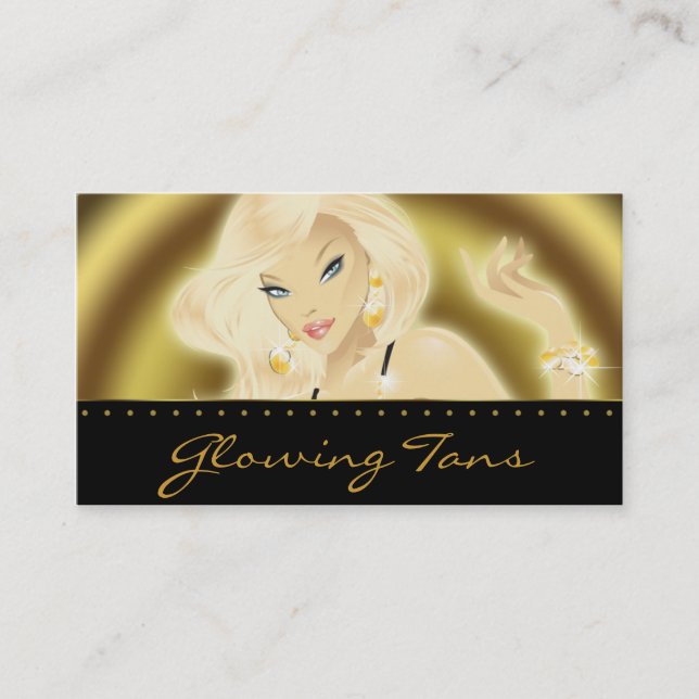 Tanning Salon Pretty Blonde Woman Gold Business Card (Front)