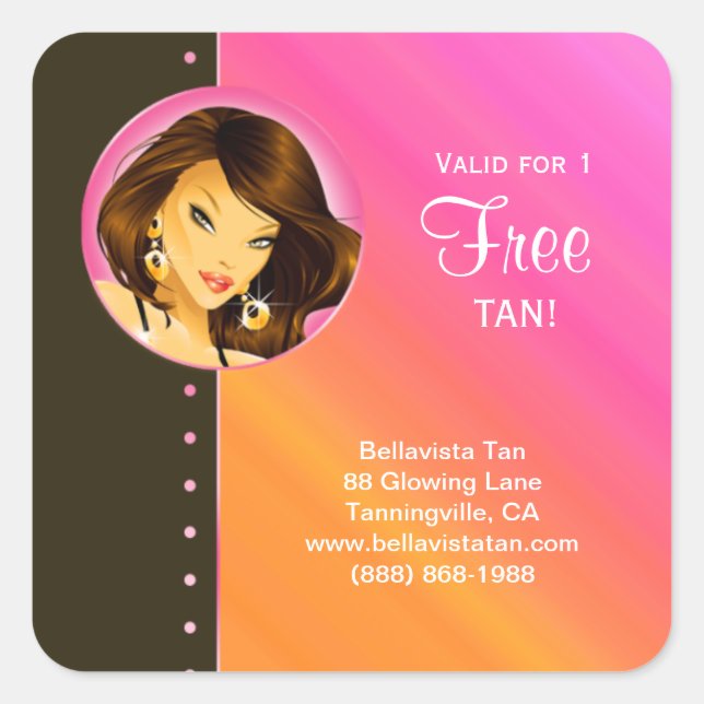 Tanning Salon Sticker Pink Orange Brunette Woman (Front)