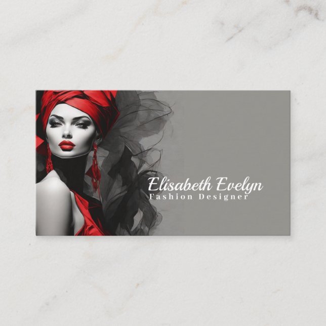 Tantalising Elegance: Woman in Red with Bold Black Business Card (Front)