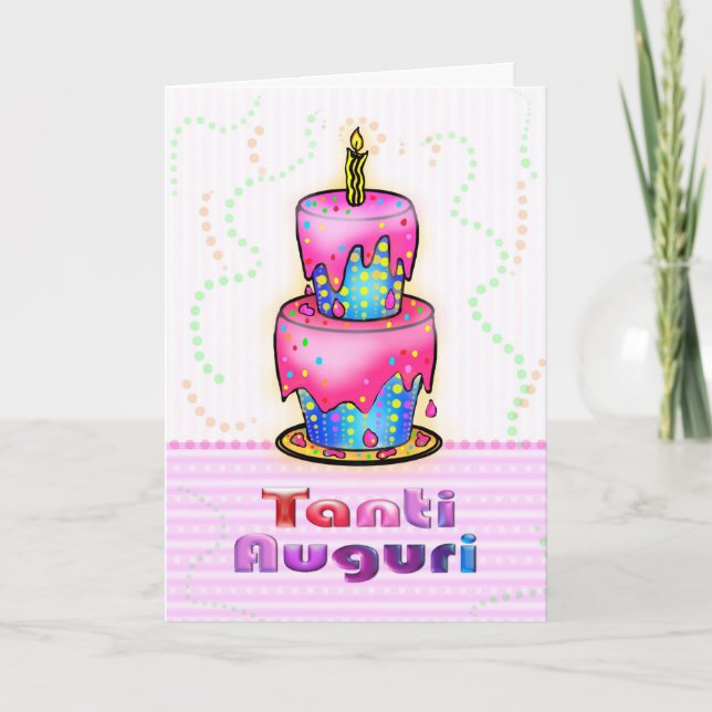 Tanti Auguri Italian Happy Birthday Cake pink blue Card (Front)