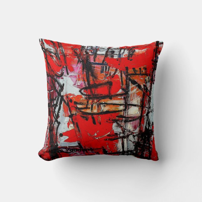 Tantrum-Red Abstract Expressionist-Throw Pillow (Front)