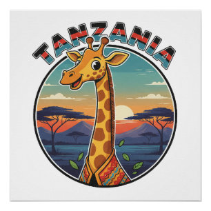 Tanzania giraffe national animal symbol cartoon cu poster