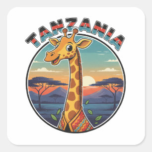 Tanzania giraffe national animal symbol cartoon cu square sticker